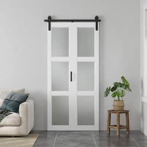 24 in. x 84 in. 3-Lite Frosted Glass Prefinished White MDF Bi-Fold Sliding Barn Door with Hardware Kit