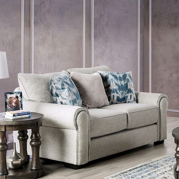 Furniture of America Embudito 75 in. Beige without Care Kit Polyester 2-Seat Loveseat with Nailhead Trim