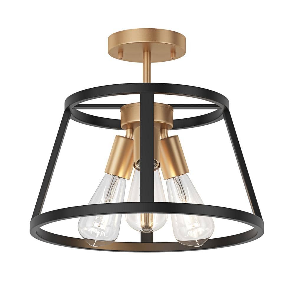 Farmhouse 13.77 in. 3-Light Black and Gold Semi-Flush Mount Industrial Kitc