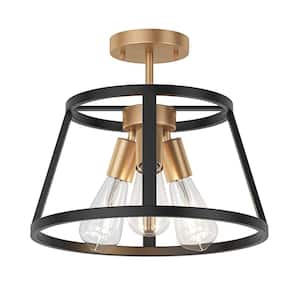Farmhouse 13.77 in. 3-Light Black and Gold Semi-Flush Mount Industrial Kitchen Ceiling Light