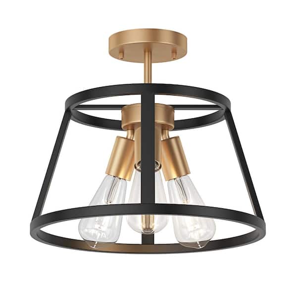 aiwen Farmhouse 13.77 in. 3-Light Black and Gold Semi-Flush Mount Industrial Kitchen Ceiling Light