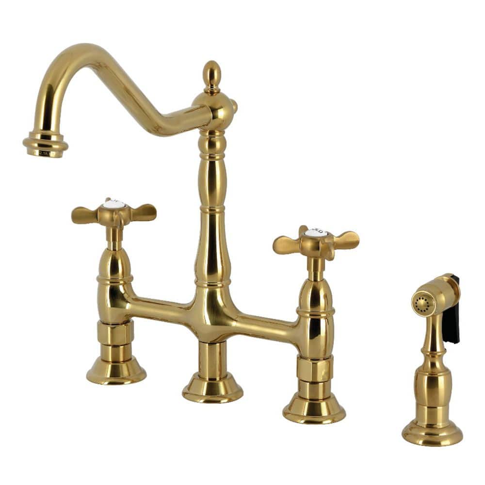 Kingston Brass Essex 2-Handle Bridge Kitchen Faucet in Brushed Brass ...