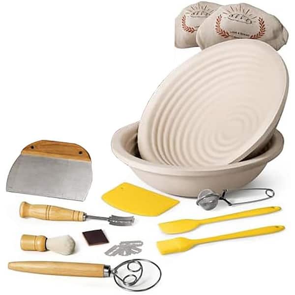 Wood Pulp Banneton Bread Proofing Basket Set, 9 in. Round Sourdough Baking Kit with Linen Covers, Dough Whisk, Lame