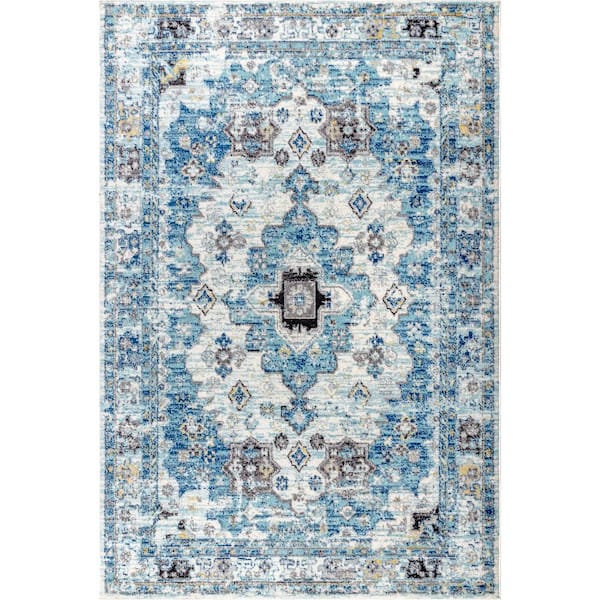 Modern Persian Boho Vintage Medallion Cream/Blue 4 ft. x 6 ft. Area Rug