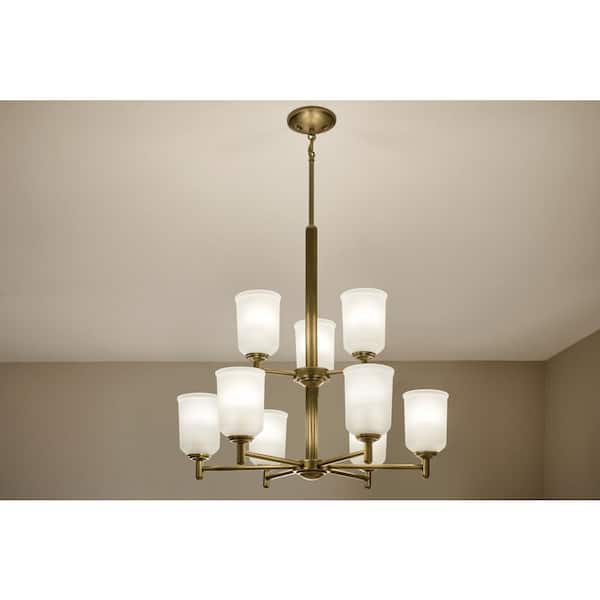Shailene 26.5 in. 9-Light Natural Brass 2-Tier Transitional Shaded Cylinder Chandelier for Dining Room
