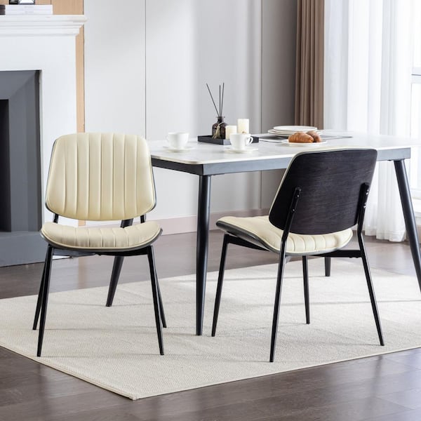 Modern Beige PU Leather Dining Chair Set of 2 with Walnut Bentwood Back Upholstered Seat Metal Leg Adjustable Foot