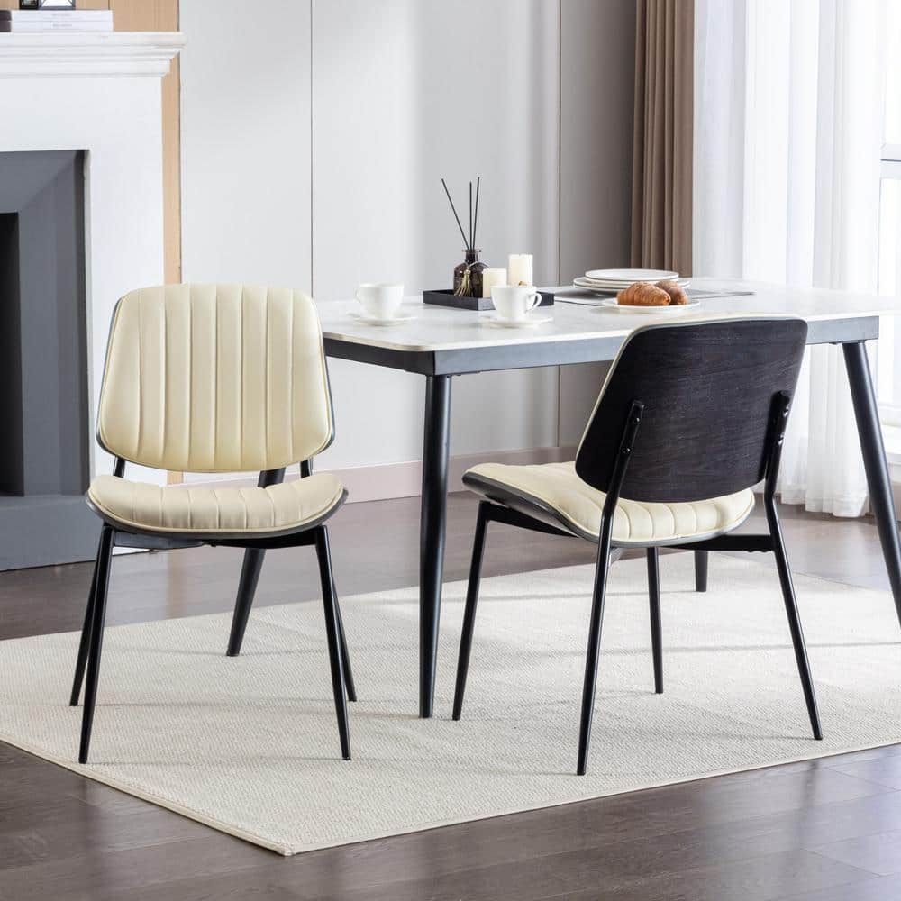Modern Beige PU Leather Dining Chair Set of 2 with Walnut Bentwood Back Uph