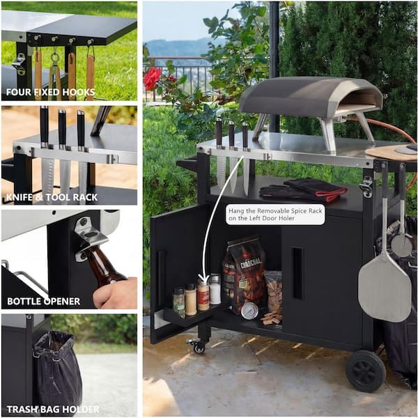 Metal Outdoor Grill Cart Kitchen Island with Foldable Table