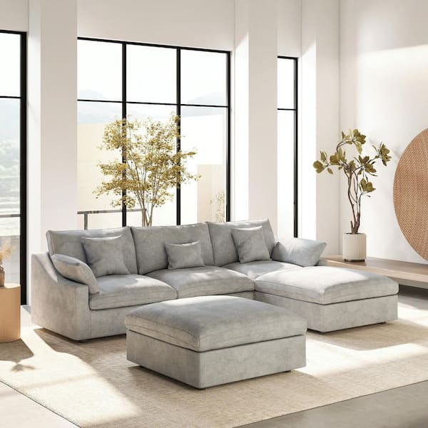 120 in. Square Arm 5-Piece Linen Upholstered Cloud Modular Sectional Sofa 3-Seater w/ Ottoman, Washable Covers in Gray