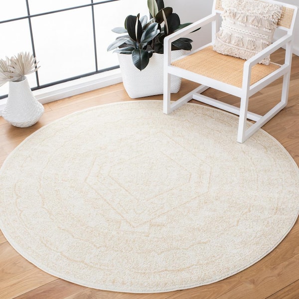 Adirondack Ivory/Beige 8 ft. x 8 ft. Border Medallion Round Area Rug