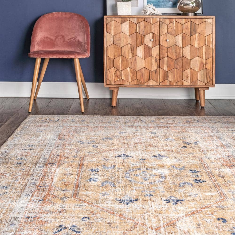 Jacquie Gold and Ivory Synthetic Oriental Runner Rug