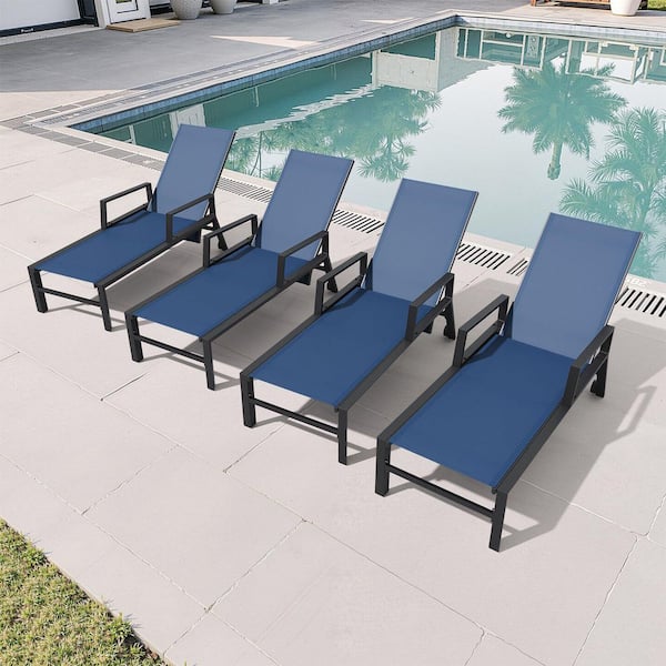 4-Piece Adjustable Aluminum Metal Armrest Outdoor Chaise Lounge in Navy