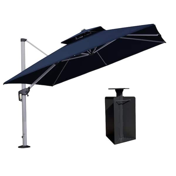 10 ft. Square High-Quality Aluminum Cantilever Outdoor Patio Umbrella with Base in Ground, Navy Blue