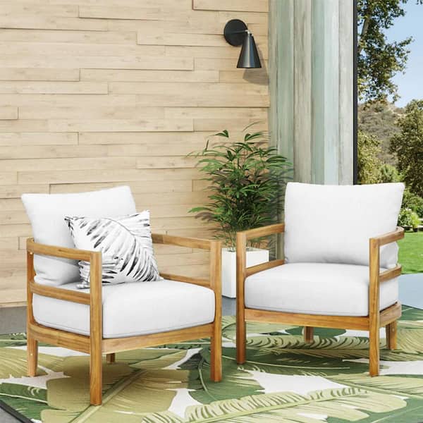 (Set of 2) Outdoor Brown Acacia Wood Patio Club Lounge Chair with Waterproof Thick White Cushion Deep Seating