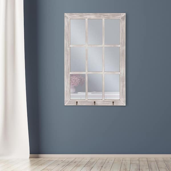 Pinnacle Windowpane with Hooks Rectangular White Decorative Mirror