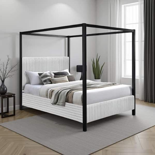 Keri Black and White Wood Frame Queen Canopy Bed with Upholstered Headboard
