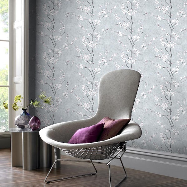 Sakura Pale Blue/Silver/Pink Pale Blue / Silver / Pink Wallpaper Sample
