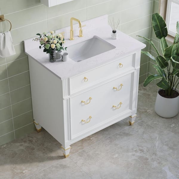 36 in. White Solid Wood Bath Vanity with Carrara White Quartz Top, Single Sink, Soft-Close Drawers, Assembled