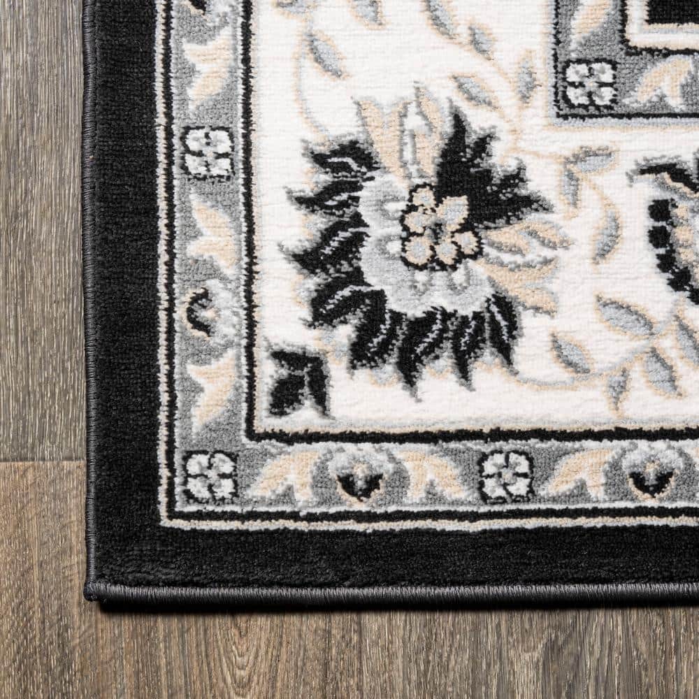 Elegant Persian-Inspired 4' x 6' Black and Cream Synthetic Rug