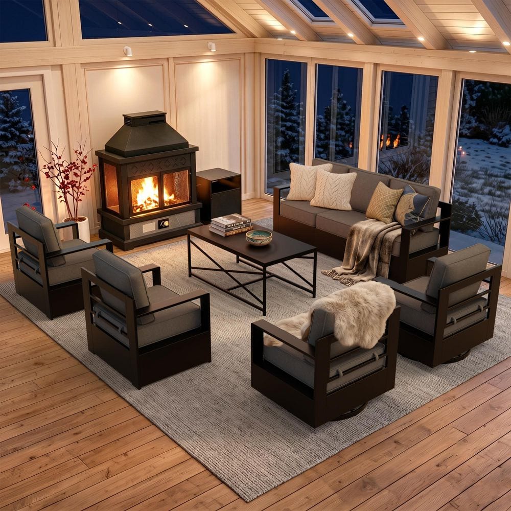 7-Piece Fire Pit Patio Set Metal Outdoor Patio Conversation Set with Sofa,Rocking Chairs,Coffee Table and Gray Cushions