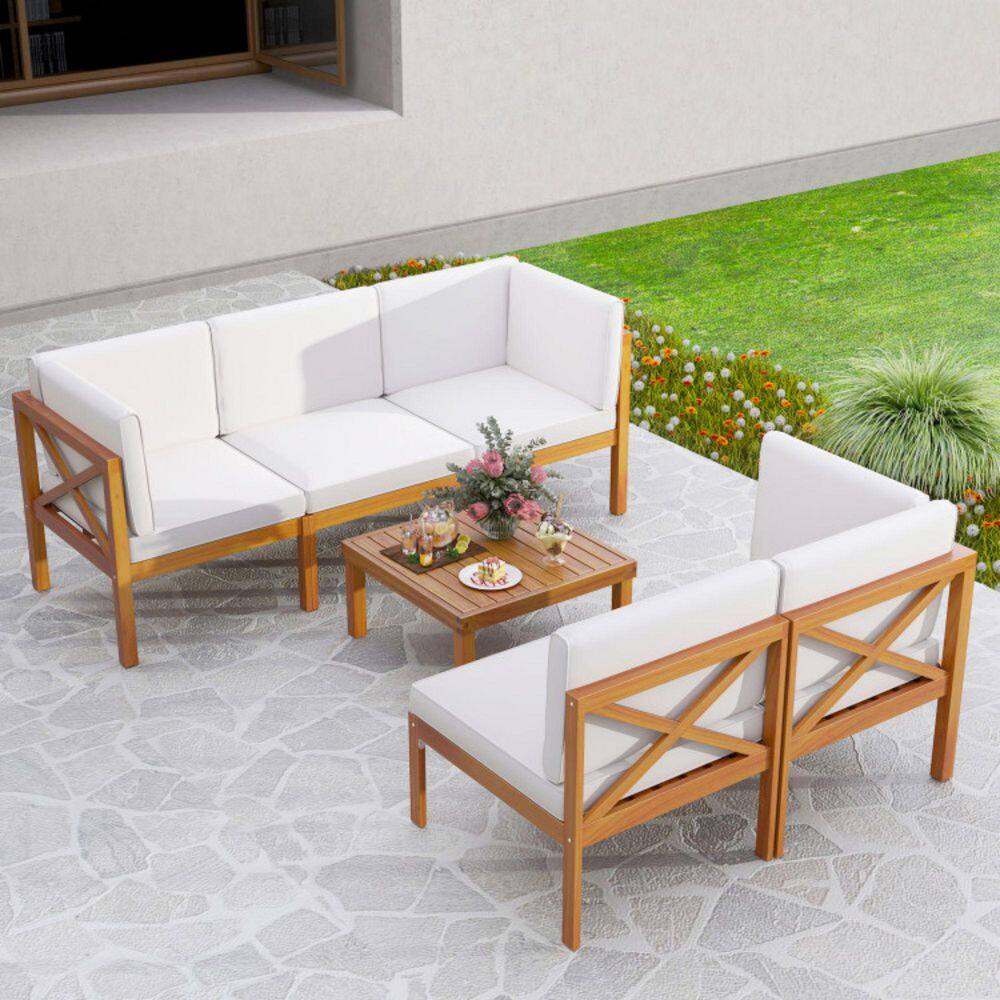 Acacia Wood Outdoor Sectional Set with Off-White Cushions
