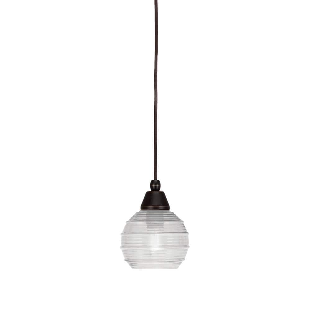 Bryson 6 in. 1-Light Dark Granite Cord Pendant Light with 6 in. Clear Ribbe