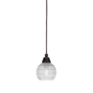 Bryson 6 in. 1-Light Dark Granite Cord Pendant Light with 6 in. Clear Ribbed Glass Shade, no bulb included