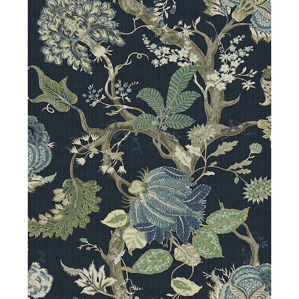 30.75 sq. ft. Midnight Blue & Greenery Jacobean Trail Premium Matte Non-Woven Paper Peel and Stick Wallpaper Roll