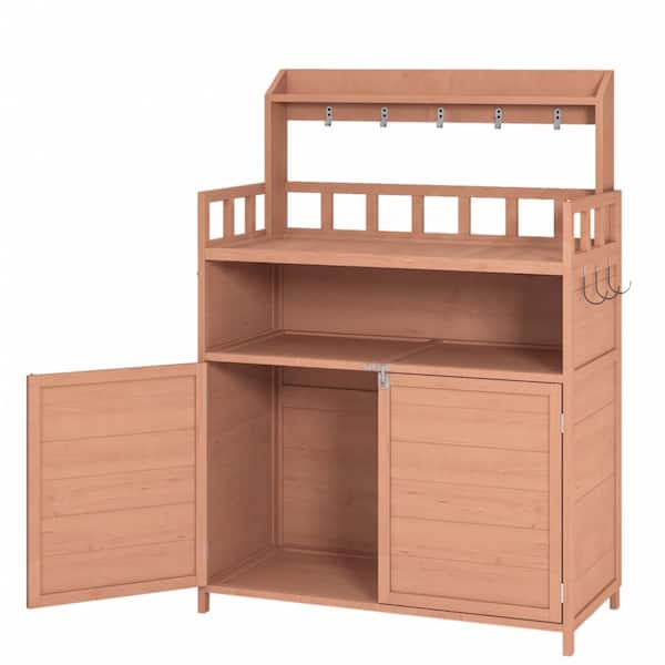 Wooden Potting Bench with Storage Cabinet & Top Shelf, Outdoor Gardening Workstation for Patio & Garden Use