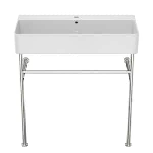 35 in. x 17 in. Bathroom Console Sink in White with Overflow and Polished Nicke Legs