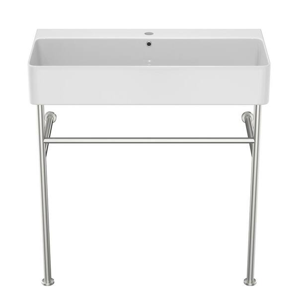 cadeninc 35 in. x 17 in. Bathroom Console Sink in White with Overflow and Polished Nicke Legs