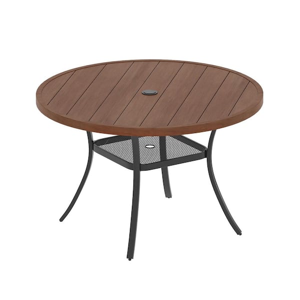 Walnut Metal 47 in. All Weather Round Outdoor Dining Table with 1.57 in.-1.90 in. Umbrella Hole for 6 People