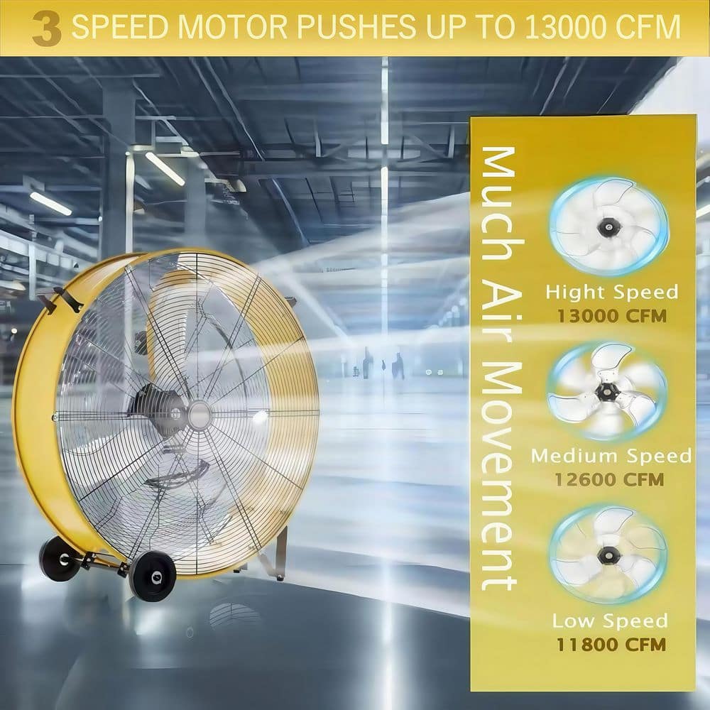 30 Inch Yellow High Velocity Aluminum Drum Floor Fan