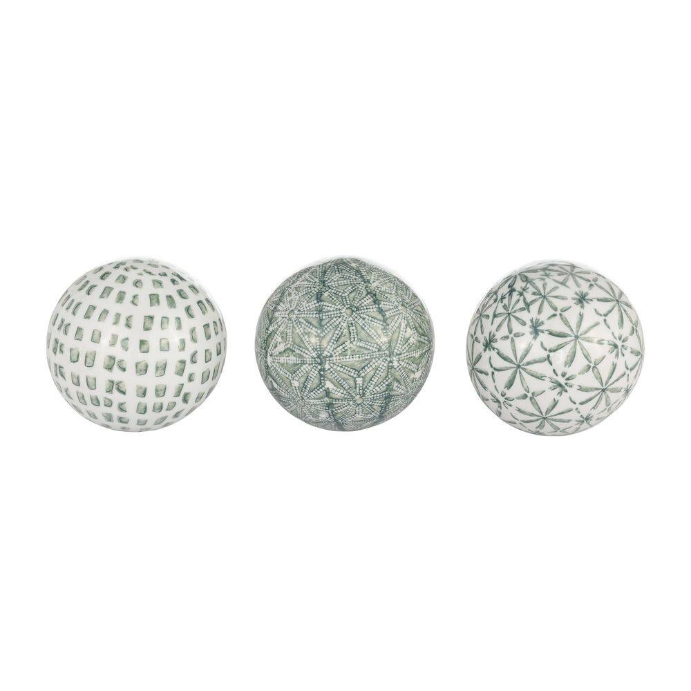 Set of 3 Green and White Ceramic Decorative Orbs