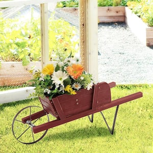 Wooden Wagon Planter Decorative Indoor/Outdoor Rustic Flower Cart with Wheel Red