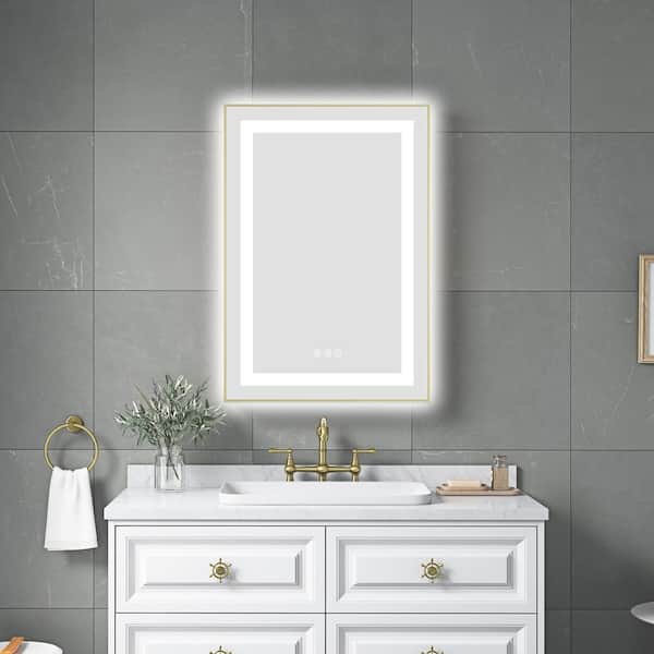 Brushed Gold 20.00 in. W x 32.00 in. H LED Modern Rectangle Aluminium Framed Wall Mirror