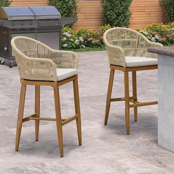 PURPLE LEAF Modern Aluminum Rattan Bar Height Outdoor Bar Stool with Back and Beige Cushion (2-Pack)