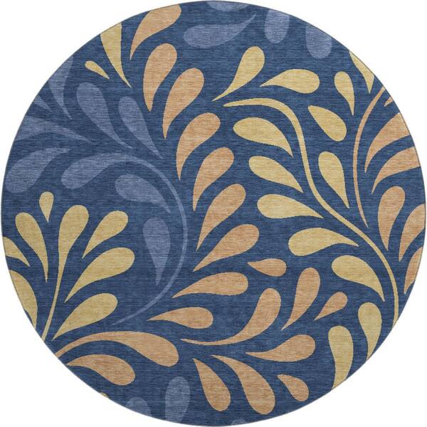 Mayfield Premium Machine Washable Abstract AMF2411 Navy 8 ft. x 8 ft. Round Rug