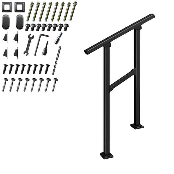 26.5Inch Zinc Steel Outdoor Handrail Black Transitional Hand Rail Stair Railing Kit for 1-2 Steps with Screw Kit Metal