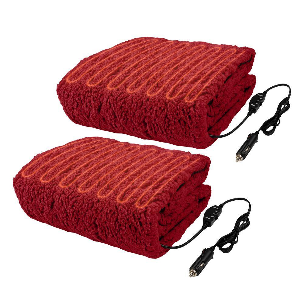 Stalwart Heated Blanket 2-Pack - Portable 12-Volt Electric Travel Blanket Set for Car, Truck, or RV (Red)