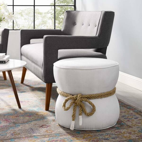 MODWAY Beat White Nautical Rope Upholstered Fabric Ottoman EEI