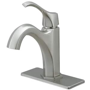 Single Handle Single Hole Bathroom Faucet with Drain Kit Included and Adjustable Flow Rate in Brushed Nickel