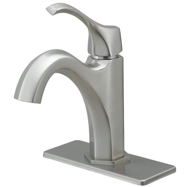 Single Handle Single Hole Bathroom Faucet with Drain Kit Included and Adjustable Flow Rate in Brushed Nickel