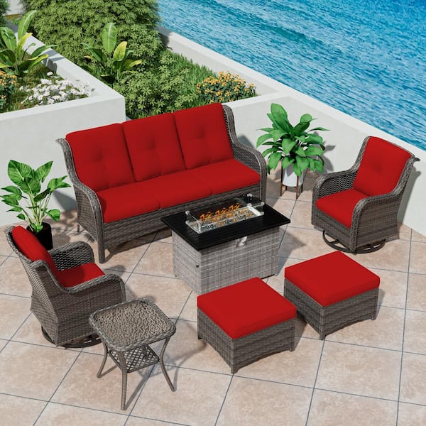 MeetLeisure 7-Piece PE Rattan Wicker Patio Conversation Set Outdoor Chairs and Fire Pit with Red Cushion