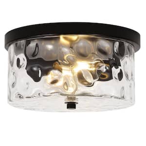 12 in. 2-Light Black Flush Mount Ceiling Light with Water Rippled Glass Shade