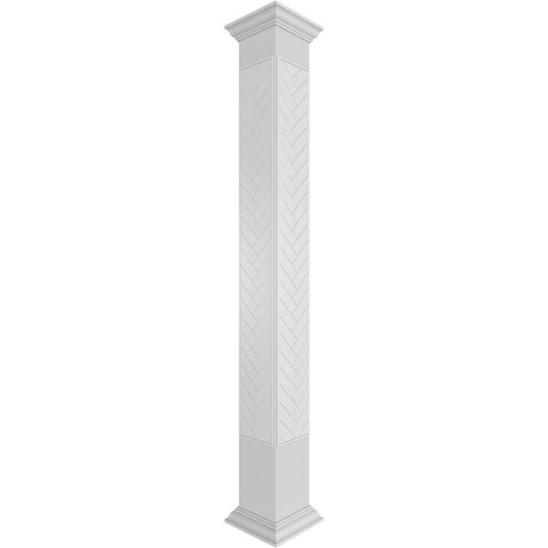 Ekena Millwork 9-5/8 in. x 9 ft. Premium Square Non-Tapered Herringbone Modern Fretwork PVC Column Wrap Kit w/Crown Capital and Base