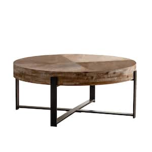 Modern Retro Splicing Round Fir Wood Tabletop Coffee Table with Natural Black Cross Legs Base
