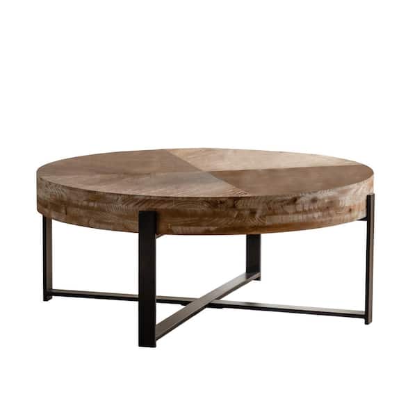 Unbranded Modern Retro Splicing Round Fir Wood Tabletop Coffee Table with Natural Black Cross Legs Base