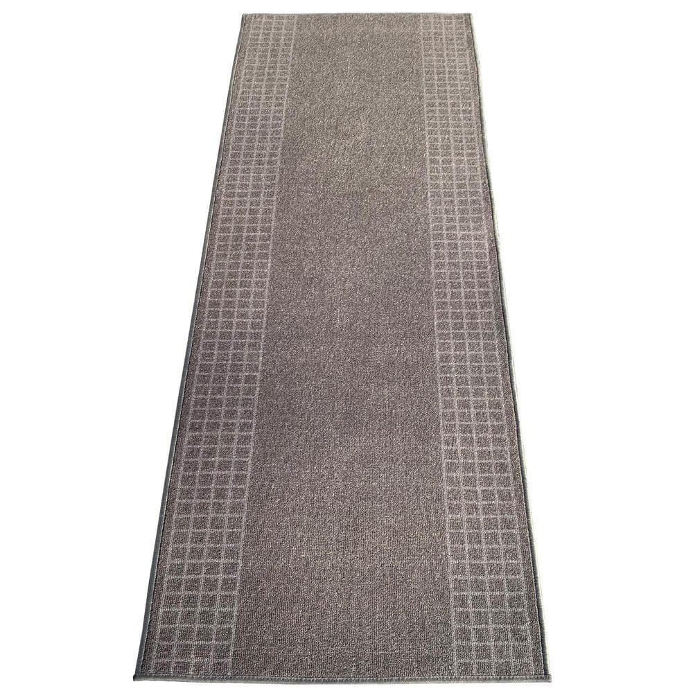 PLAYA RUG Checkered Border Gray 31 in. W x 18 ft. L Runner Rug/Stair ...