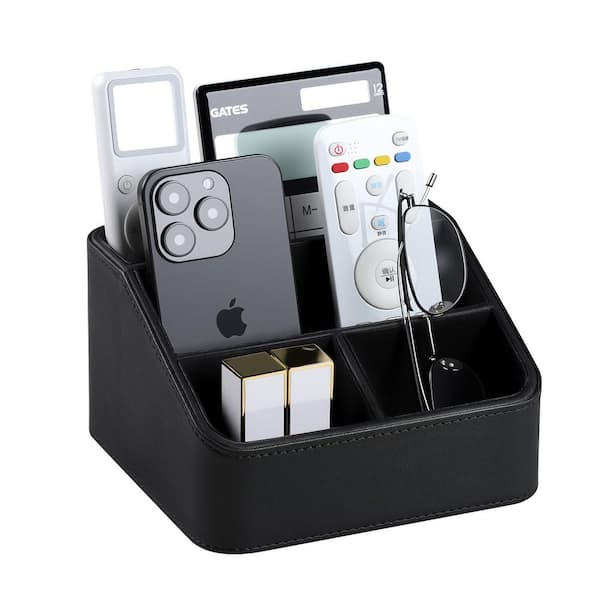 Black PU leather remote control caddy, a rounded bedside organizer， 6. 8in x 6. 7in